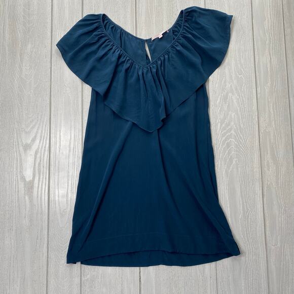 REBECCA TAYLOR WOMEN'S SILK TEAL BLUE RUFFLE TOP MINI DRESS SIZE 0 - Picture 1 of 9
